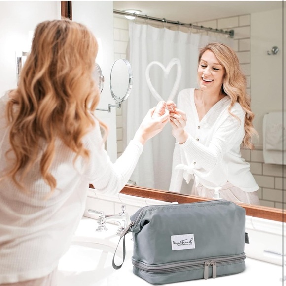 Large Makeup Bag Cosmetic Bag for Women Double LayerGrey Travel Makeup Organizer - Picture 6 of 7